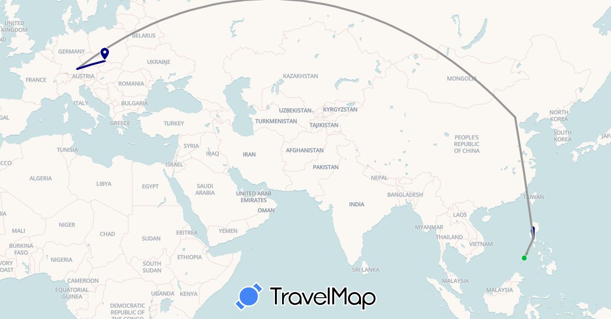TravelMap itinerary: driving, bus, plane in China, Czech Republic, Germany, Philippines (Asia, Europe)